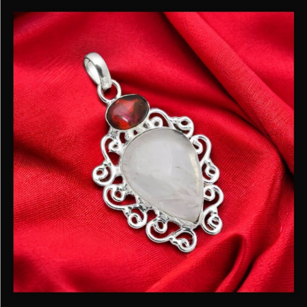 Golden Rutile & Garnet Gemstone Handcrafted Pendant 2.2" Long Made In India NWT